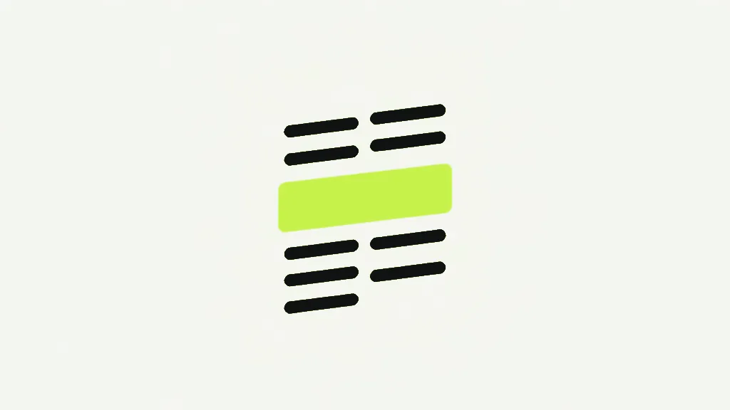 Two groups of short dark horizontal lines like text, with a solid lime rectangle laid flat over the line between them