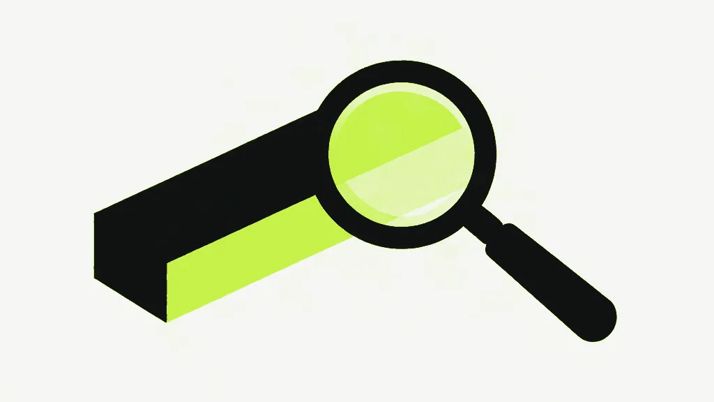 An isometric magnifying glass resting over a long dark bar with a lime face