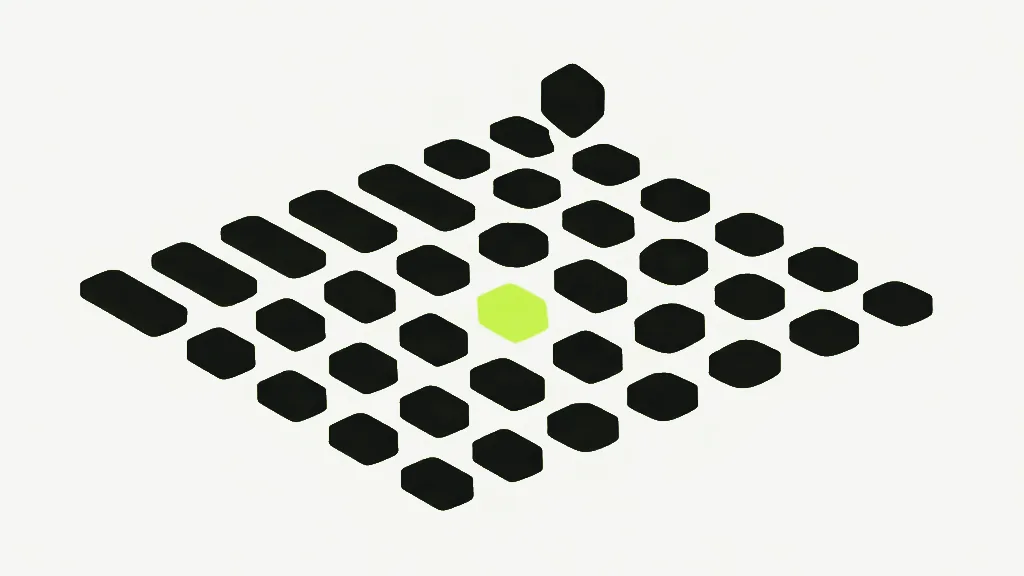 An isometric grid of small dark rounded squares with a single lime square near the middle