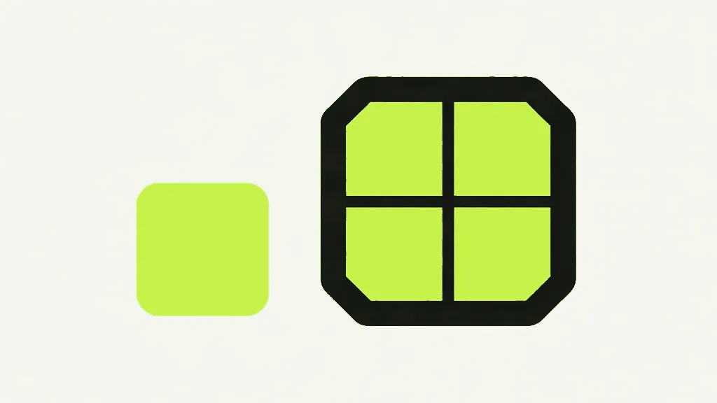 A small lime square beside a larger lime square twice as wide, the larger one split into a two-by-two grid of four squares
