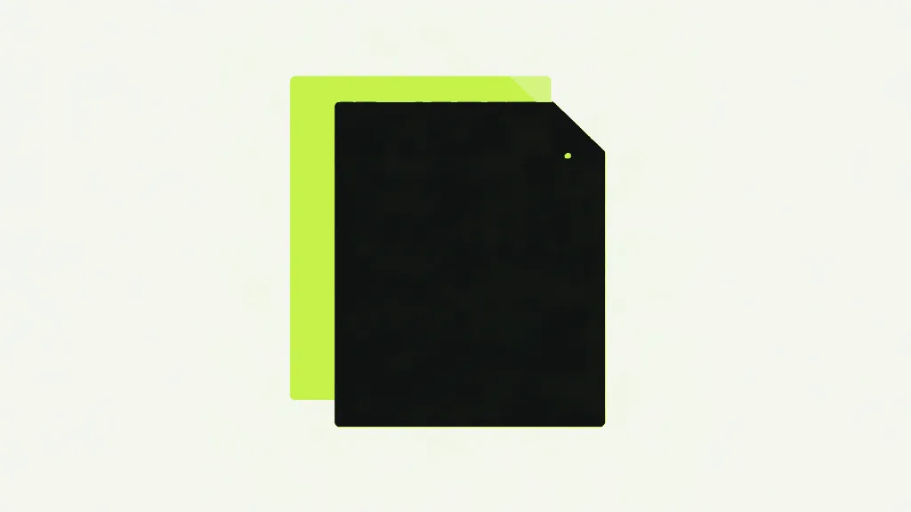 A dark document sheet overlapping a bright lime copy of the same sheet behind it, a tiny lime dot near its corner
