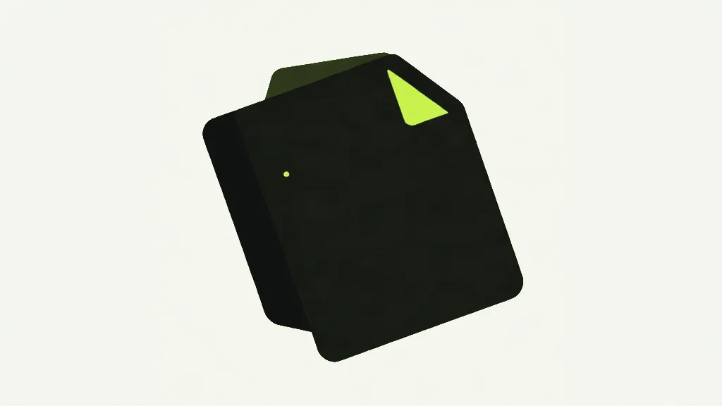 A tilted dark document sheet with a bright lime triangle at its top corner and a small lime dot on its face
