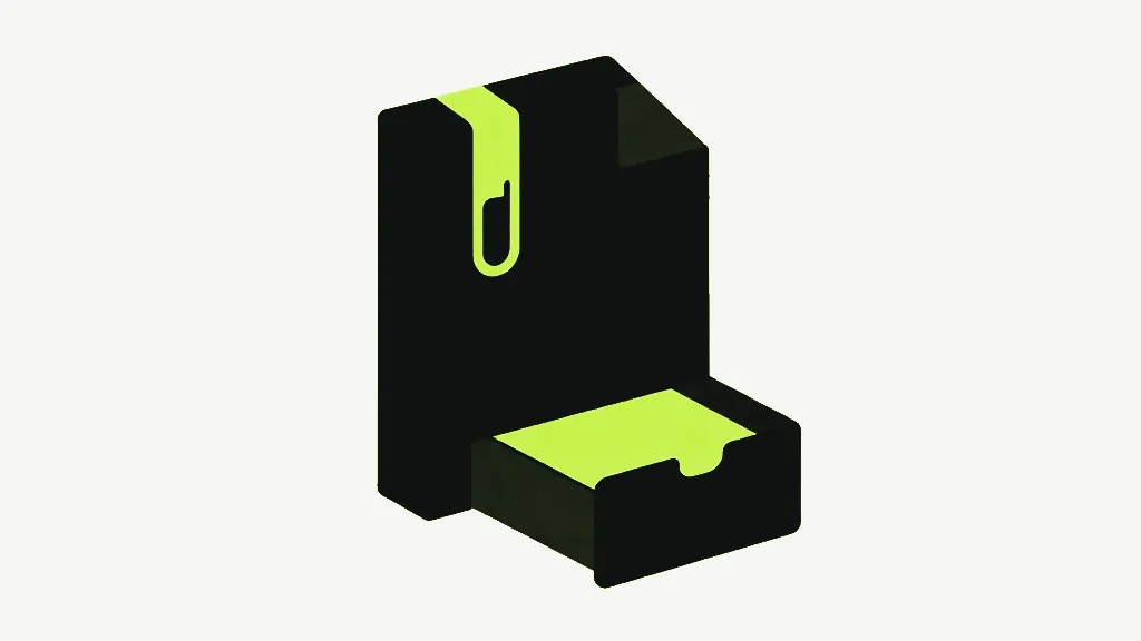 An upright dark document with a lime paperclip at the top and a small drawer open at its base