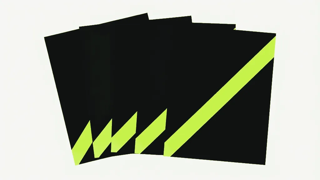 A fanned stack of dark sheets, each one carrying the same bright diagonal stripe