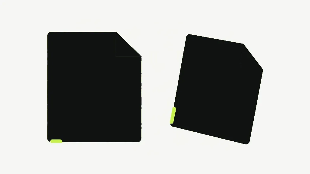 Two dark document pages on a pale ground, one standing upright and one tilted to an angle, each with a small bright lime mark near a lower corner