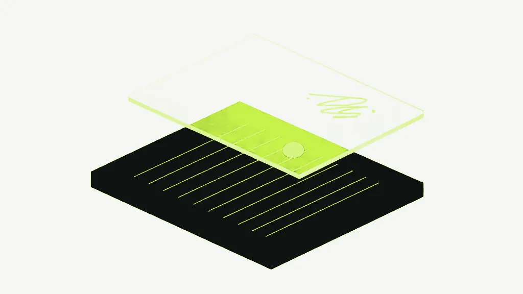 A translucent bright sheet carrying a loose scribble, floating above a dark ruled page