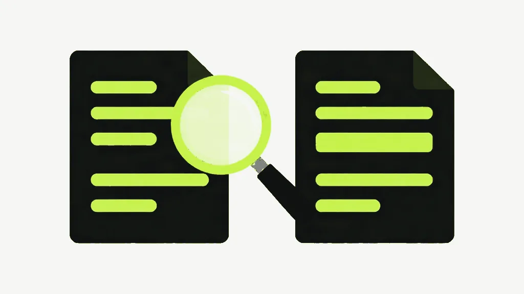 Two near-black document sheets with folded top-right corners side by side on a pale off-white background, each striped with bright lime horizontal bars, and a lime-rimmed magnifying glass overlapping the right edge of the left sheet, its dark handle reaching down toward the right sheet