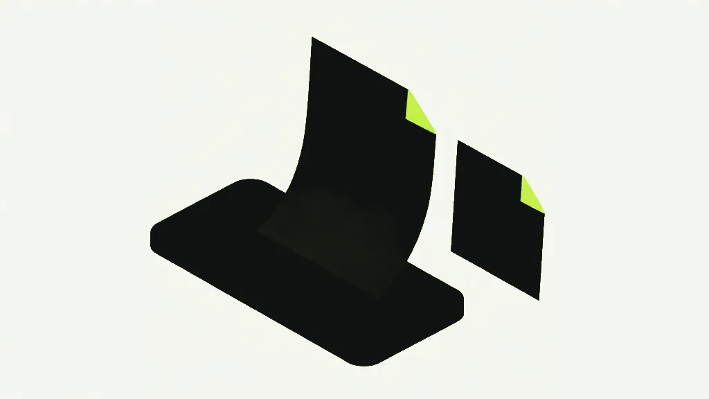 A dark phone lying flat in isometric view with a tall curved near-black sheet rising from its screen, a lime folded corner at its top, and a smaller flat near-black sheet with a lime folded corner floating to its right, on a pale grey-white background