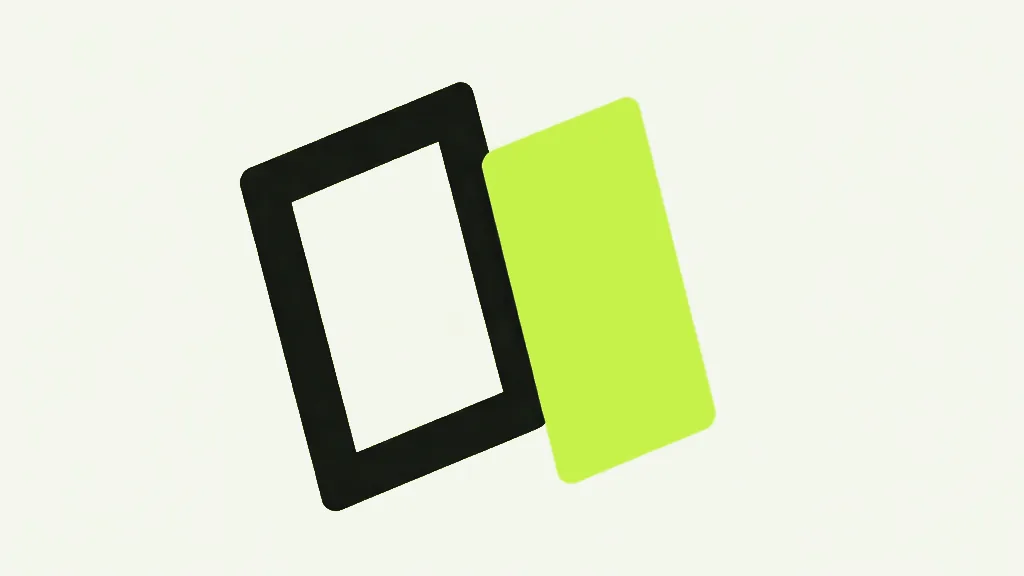 A thick near-black rectangular frame with an empty pale centre, tilted, and a narrower bright lime rounded slab at a slightly different tilt overlapping the right edge of the frame, on a pale grey-white background