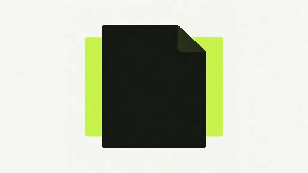 A tall near-black document sheet with a folded top-right corner standing in front of a wider, shorter bright lime rectangle, centred on a pale grey background