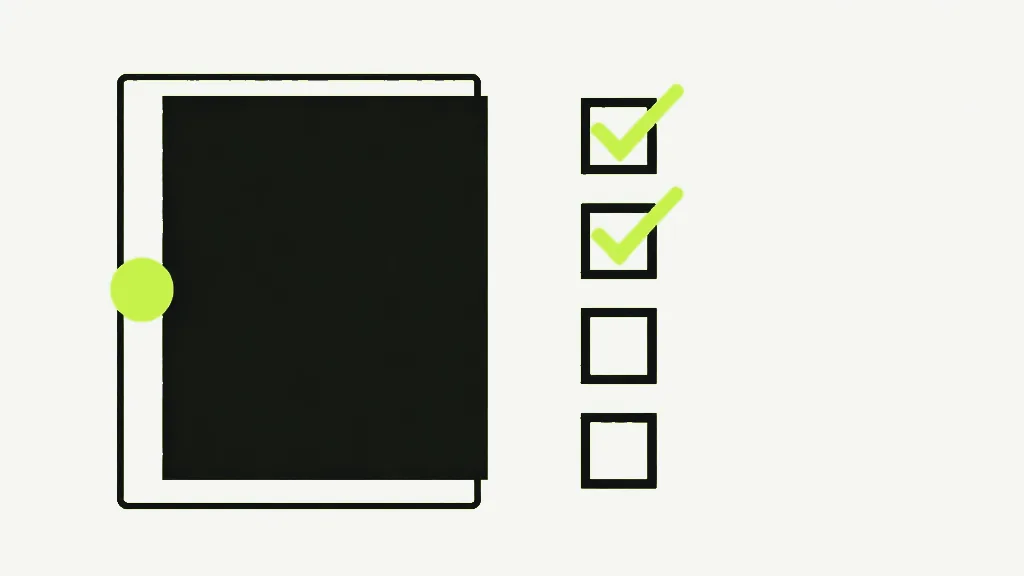 A dark bound document beside a checklist where the top two boxes are ticked and the rest are empty