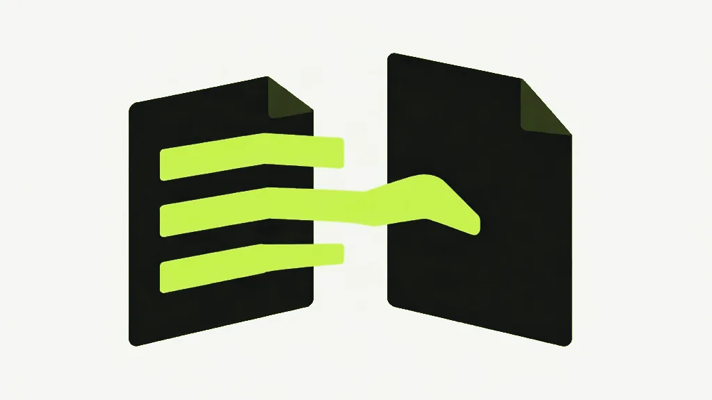 A dark document page with bright lime bars, one of them flowing rightward into a second dark page beside it