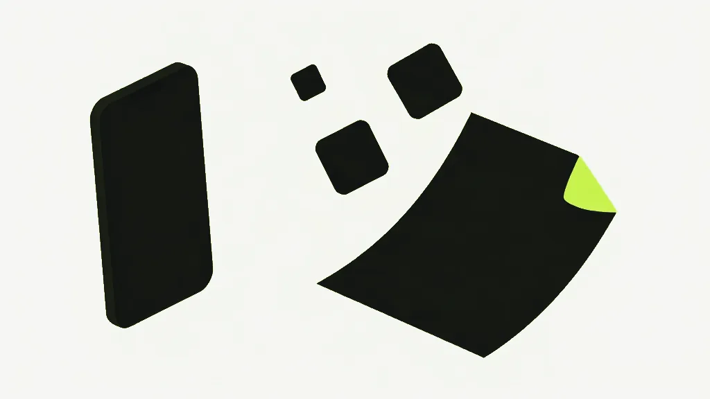 A tall dark phone standing on the left, three small dark rounded squares floating in the gap, and a large curved dark sheet on the right with a bright lime folded corner, on a pale grey background