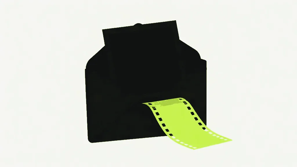 A dark square card standing inside an open dark folder, with a bright lime strip of film frames sliding out of the folder at the bottom right