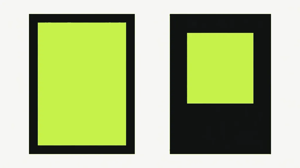 A bright image filling a page to its edges, beside the same image sitting smaller inside a dark page with an even margin around it