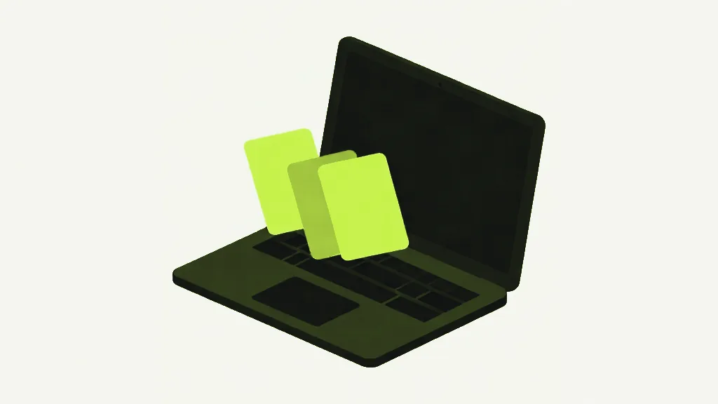 An open dark laptop in isometric view on a pale grey background, with three bright lime cards standing overlapped above its keyboard
