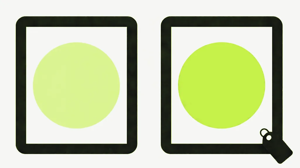 Two dark picture frames side by side, each holding a lime circle, the left circle pale and washed out and the right one vivid, with a small dark tag hanging from the corner of the right frame