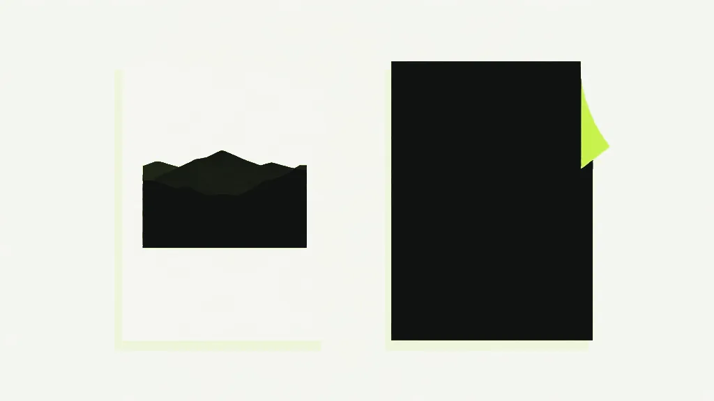 A faint pale page holding a small dark landscape picture of rolling hills with empty paper above and below it, beside a tall solid dark sheet with a bright lime flap curling away from its right edge