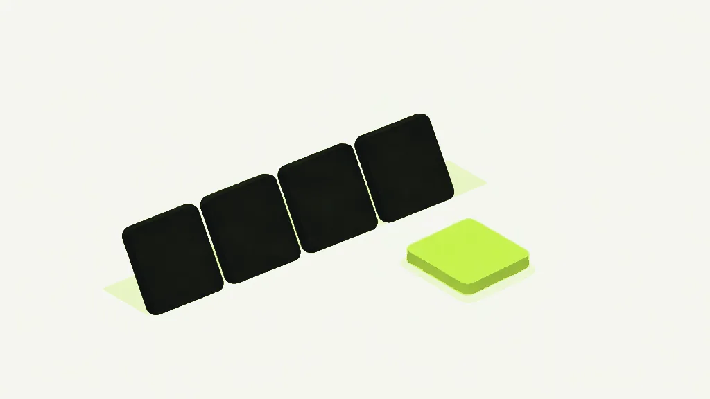 Four dark rounded tiles standing upright in a slanted row on a pale grey background, with one bright lime tile lying flat on its own just beside the end of the row