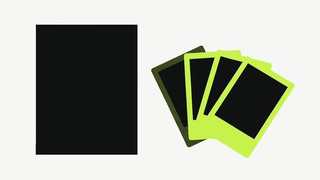 A large plain near-black upright rectangle on a pale cool grey background, and to its right a fan of four overlapping photo-style cards with dark centres, three framed in bright lime and one in dull olive