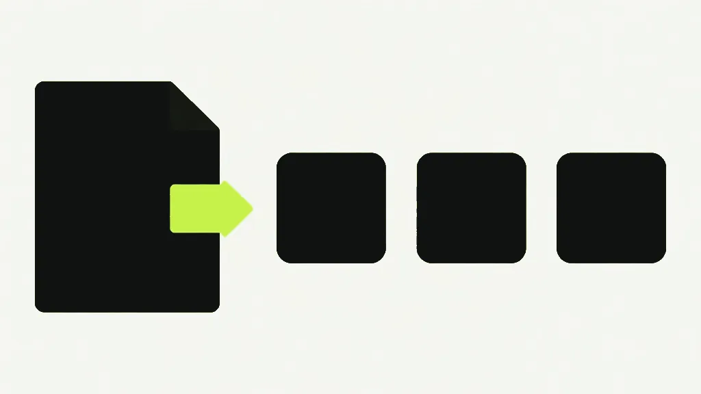 A tall near-black page with a folded top corner on a pale grey background, a short bright lime arrow coming out of its right edge, and a row of three plain dark rounded squares beside it