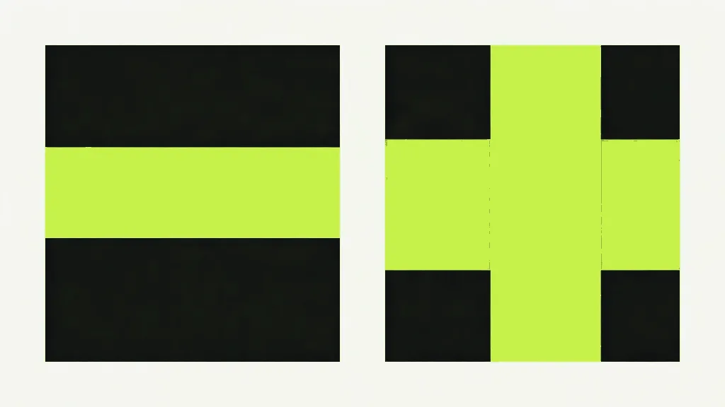 Two near-black squares side by side on a pale grey background. The left one has a single neat bright lime band across its middle; on the right one the lime spreads into a broad cross that covers far more of the square