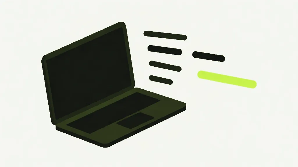 A dark open laptop seen at an angle on a pale background, with five short dark bars and one longer bright lime bar drifting away from its blank screen to the right