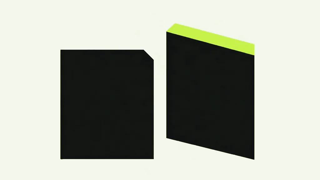 Two plain near-black page shapes on a pale background, a squarer one on the left with one clipped corner and a taller slanted one on the right with a bright lime band across its top