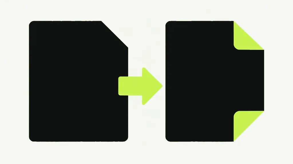 Two dark document pages side by side joined by a bright lime arrow pointing right, the right-hand page with two bright lime folded corners