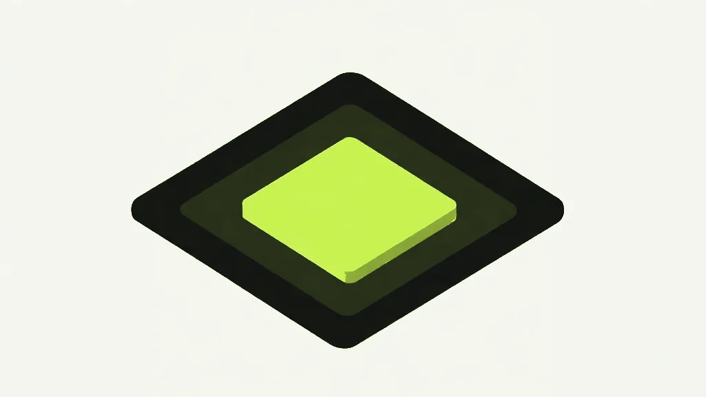 Three rounded squares stacked one inside another on a pale background, seen at an angle: a near-black outer one, a dark olive middle one and a raised bright lime one at the centre