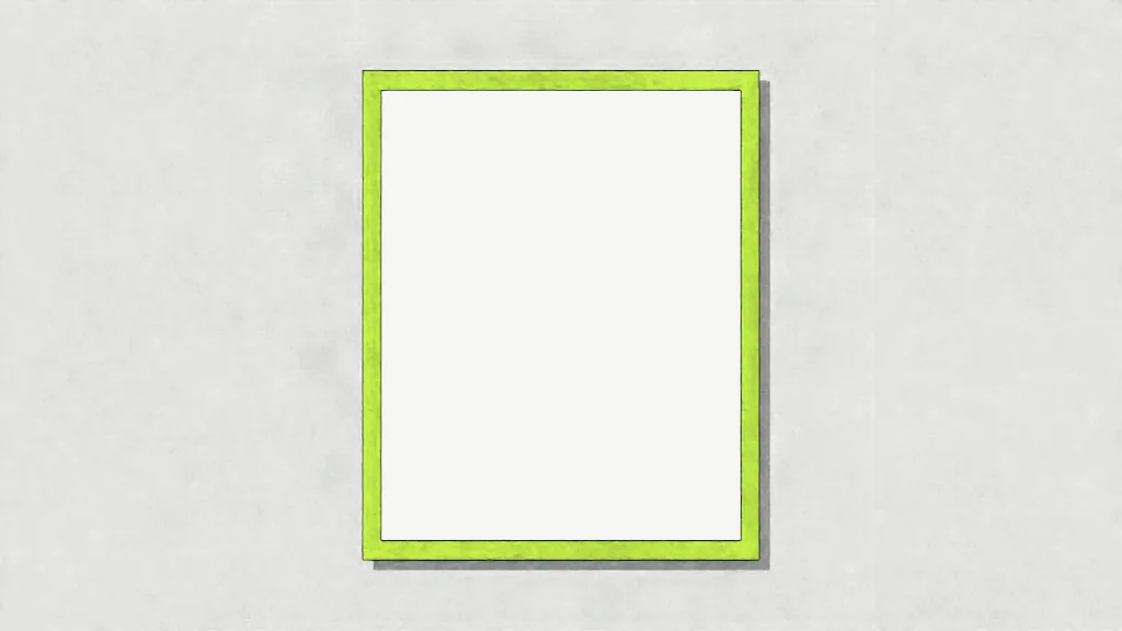 An upright portrait rectangle with a thick bright lime-green border and a plain white interior, casting a soft shadow on a pale grey background