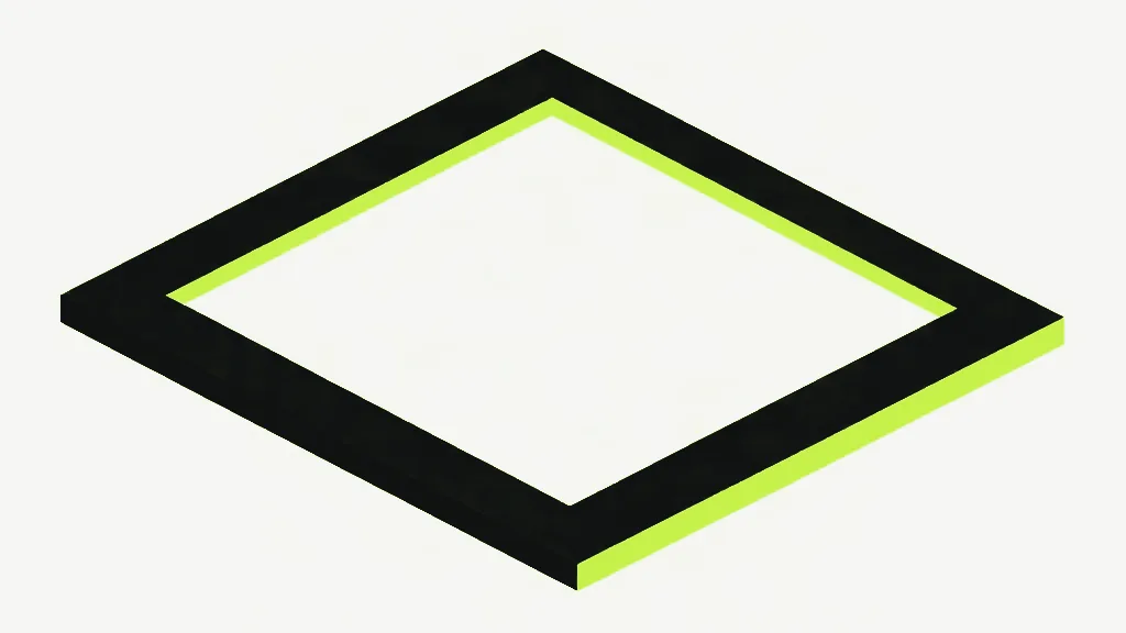 A thick near-black square frame lying flat in isometric view with an open pale centre, a thin bright lime edge along the two far sides of its inner rim and along its front right side, on a pale grey-white background