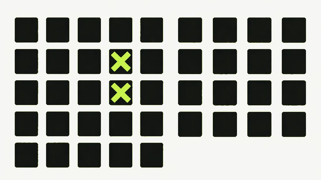 A grid of dark square tiles with two of them marked by a bright cross