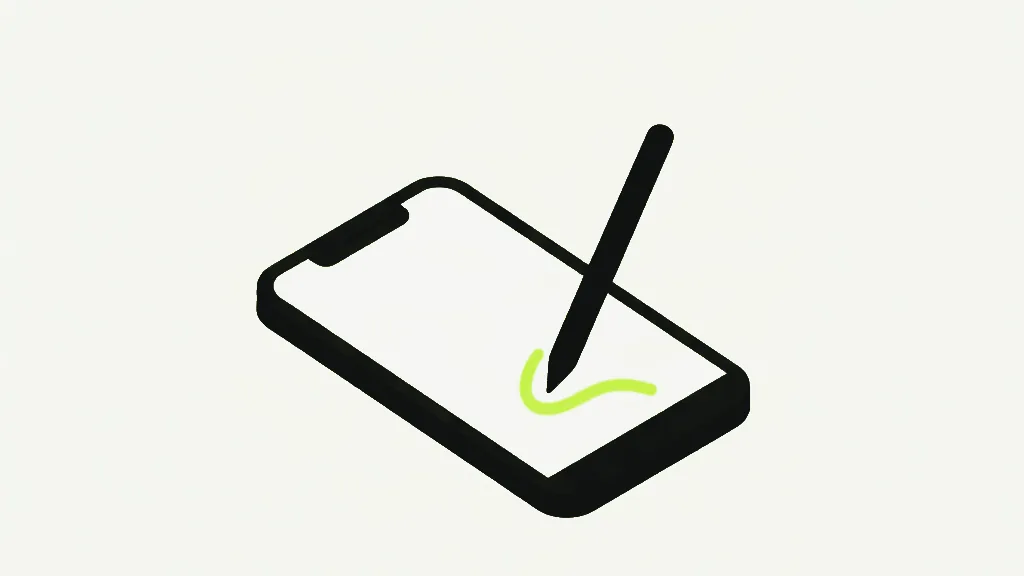 A near-black outlined smartphone lying flat at an angle with a pale blank screen, a slim dark stylus touching the screen at the end of a short wavy bright lime stroke, on a pale grey-white background