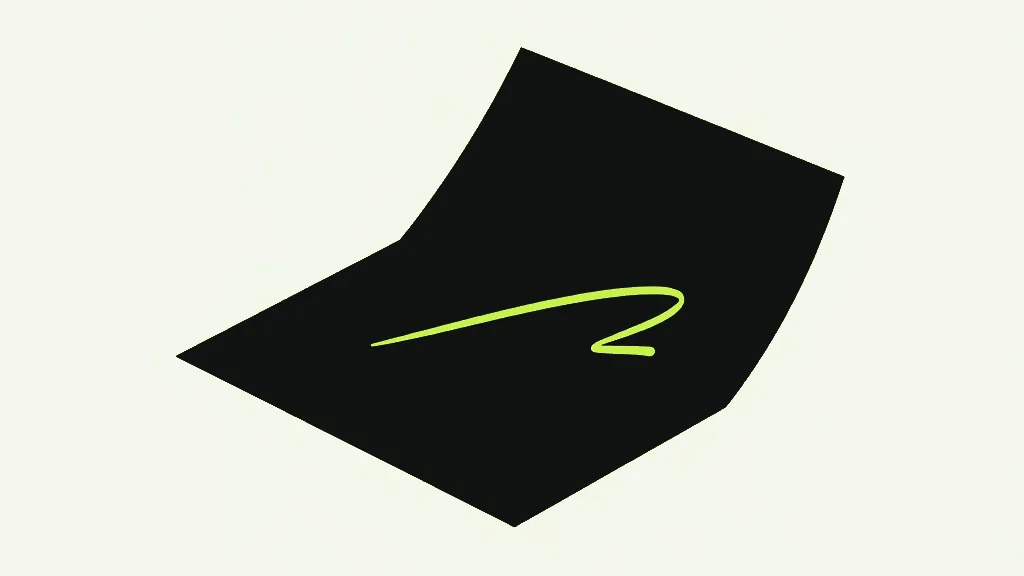 A large near-black sheet lying at a tilted angle with its top edge curling up, a single bright lime freehand stroke swooping across its lower middle, on a pale off-white background with wide empty space around it