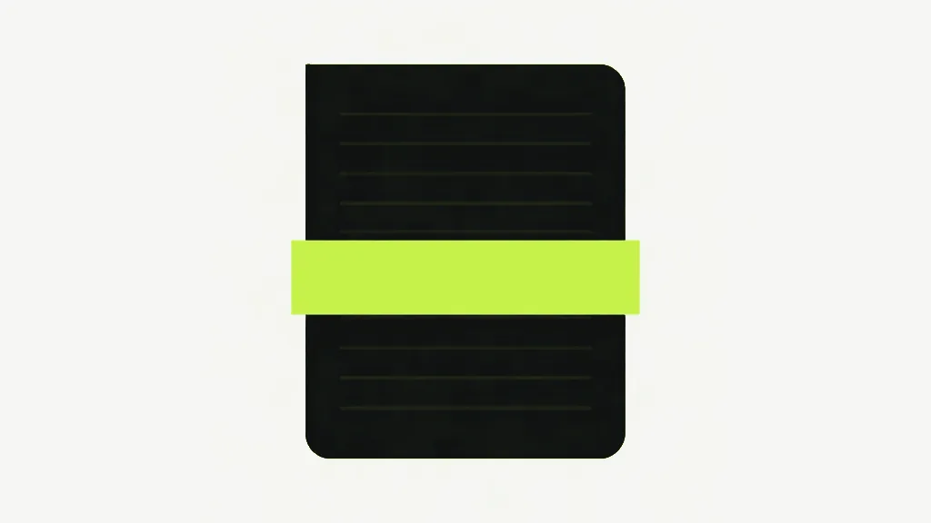 A dark document sheet ruled with faint lines, a single solid bright lime band lying flat across its middle and extending just past the sheet's left and right edges