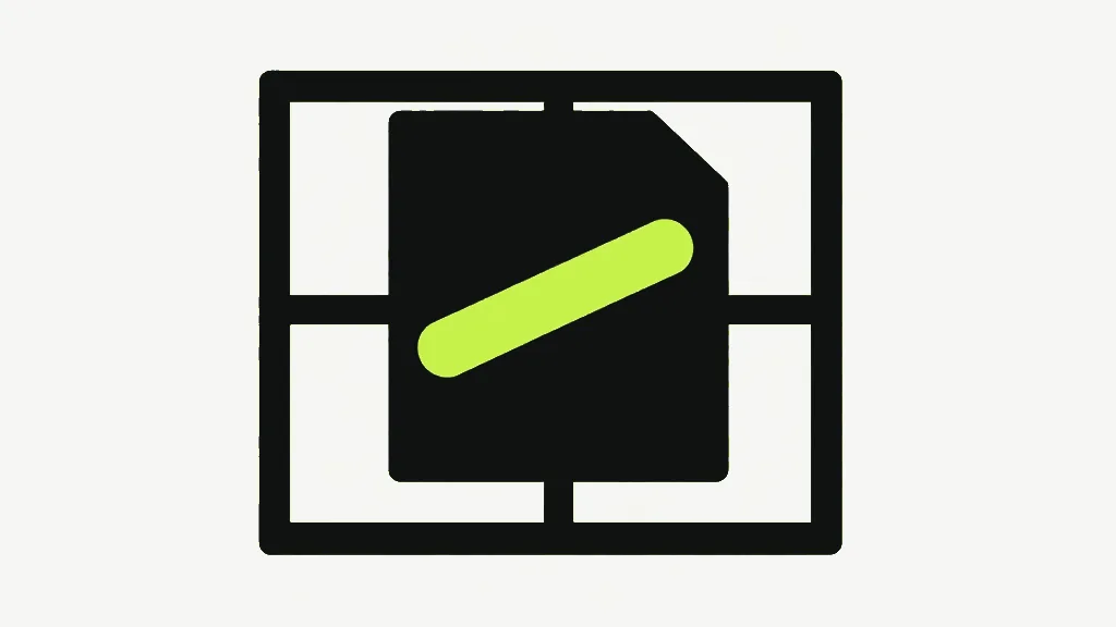 A near-black document sheet with a folded top-right corner set inside a thick dark four-paned window frame, a single bright lime rounded stroke slanting across the sheet, on a pale grey background