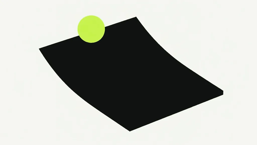 A large near-black sheet lying tilted at an angle with its edges gently curving, a single bright lime circle sitting on its top left corner, on a pale off-white background