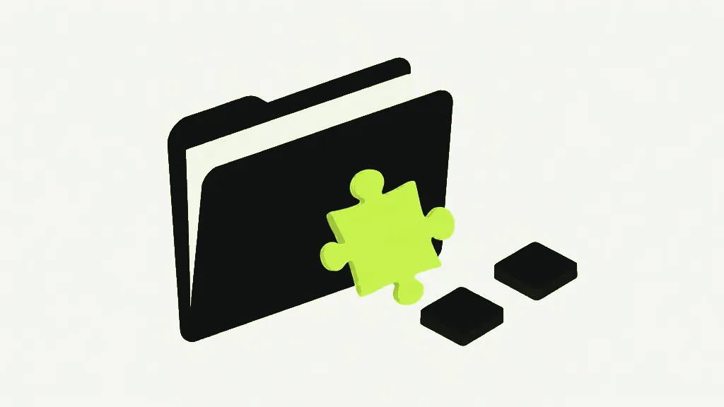 A dark folder standing open with a pale sheet inside, a bright lime puzzle piece sliding into it and two small dark square tiles resting beside it