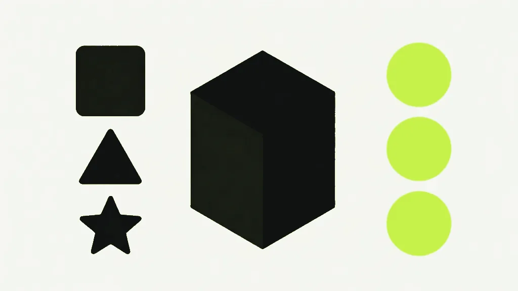 A dark square, triangle and star stacked on the left, a large dark box in the middle, and three identical bright lime circles stacked on the right