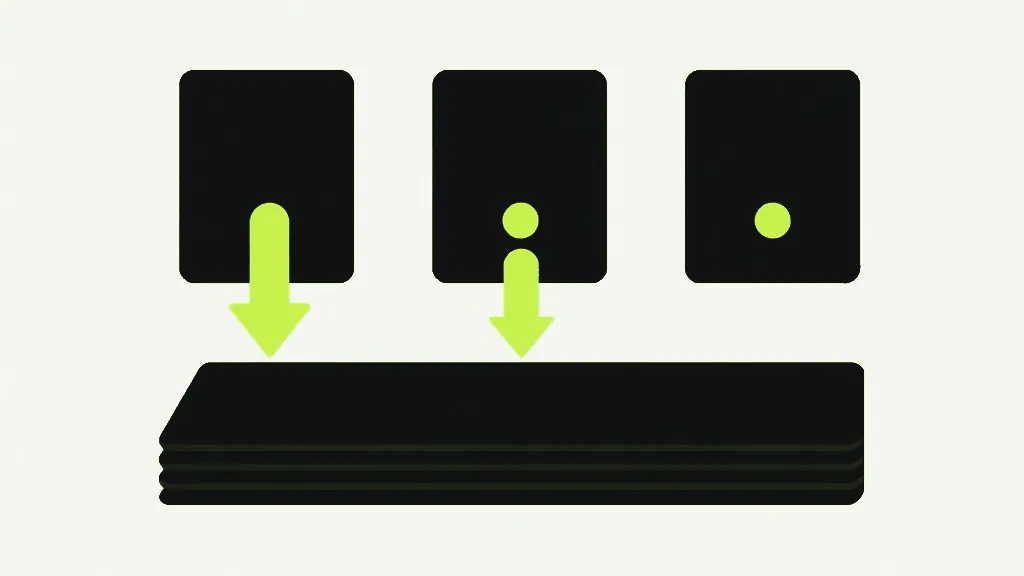 Three dark cards each marked with a bright dot, with arrows leading down to a single stack below