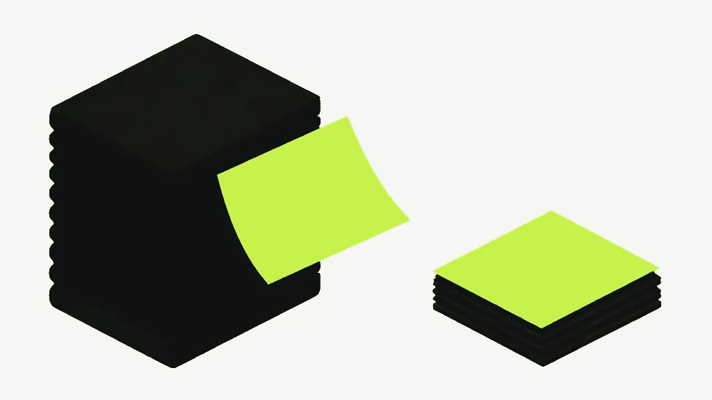 A tall dark charcoal stack of sheets on the left with one bright lime sheet curling out of its side, beside a short dark stack topped with a lime sheet on the right, on a pale cool grey background