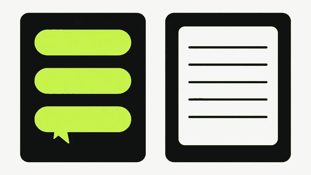 A dark card holding bright filled boxes, beside a pale card with plain ruled lines and no boxes at all