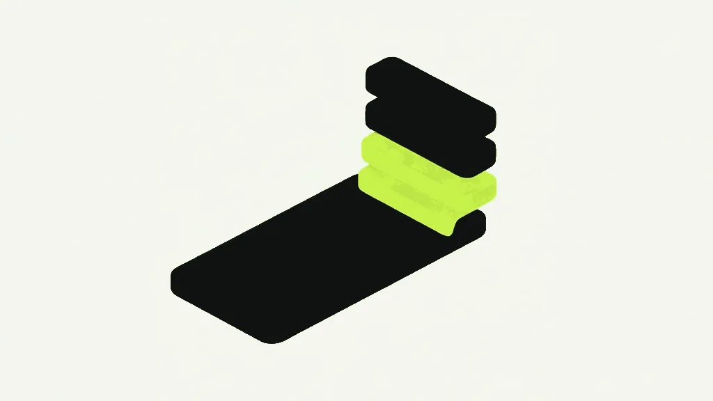 A long dark slab lying flat in isometric view on a pale grey background, with a stack of rounded bars rising from its far end, two dark bars on top and two bright lime bars beneath them