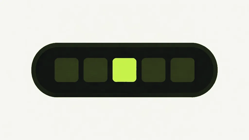A dark pill-shaped tray on a pale grey background holding a row of rounded squares, the outer ones dull and dark and the middle one bright lime