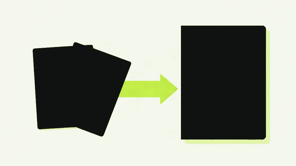 Two overlapping near-black document cards on the left, a single larger upright near-black sheet on the right, joined by a bright lime arrow pointing from one to the other, on a pale off-white background