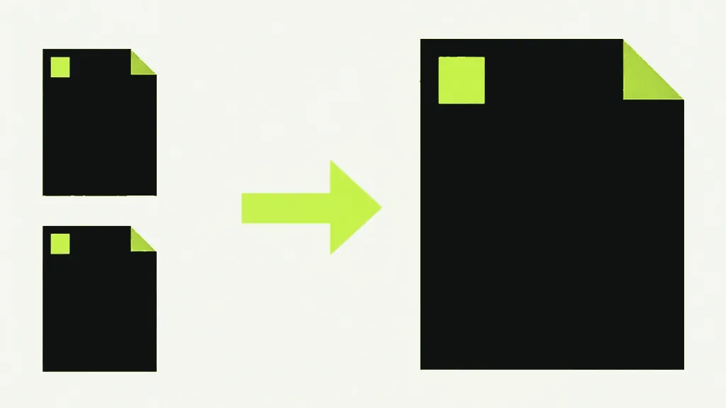 Two small near-black document sheets stacked on the left, each with a lime square in its top corner and a lime folded corner, a thick bright lime arrow pointing right to one much larger near-black sheet with a single lime square and lime folded corner, on a pale off-white background