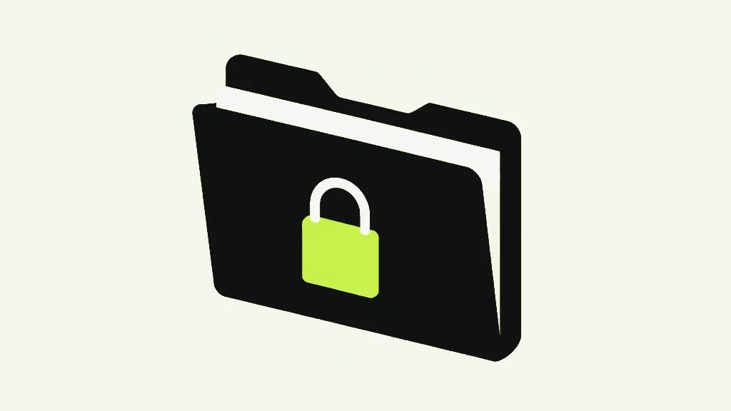 A dark charcoal folder seen at an angle with pale sheets tucked inside and a bright lime padlock on its front, on a pale cool grey background
