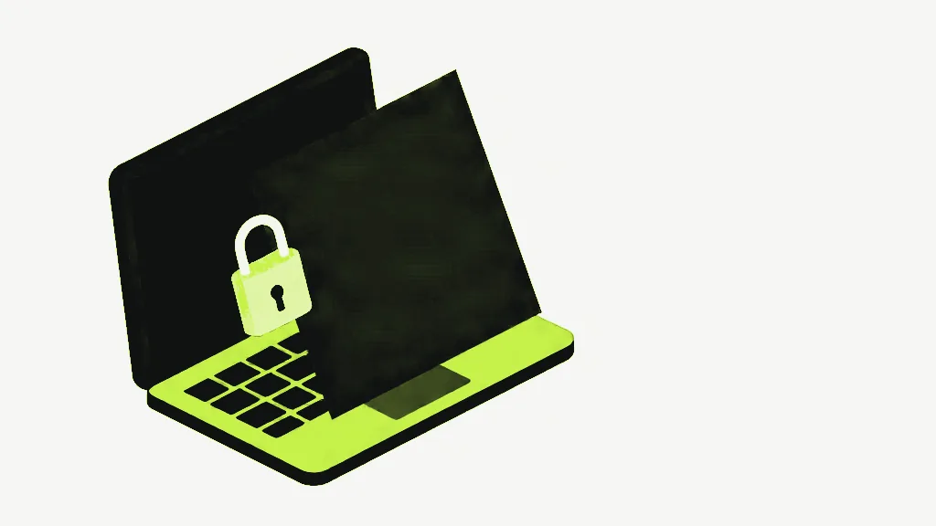 An open dark laptop in isometric view with a bright lime keyboard deck, a dark sheet leaning against its screen and a pale lime padlock resting at the left edge of the sheet, on a pale grey background