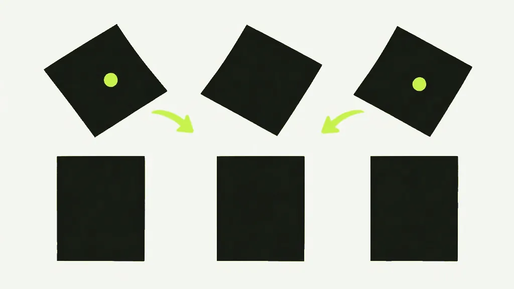 Three tilted dark cards with bright arrows curving down to the same cards standing in a neat row